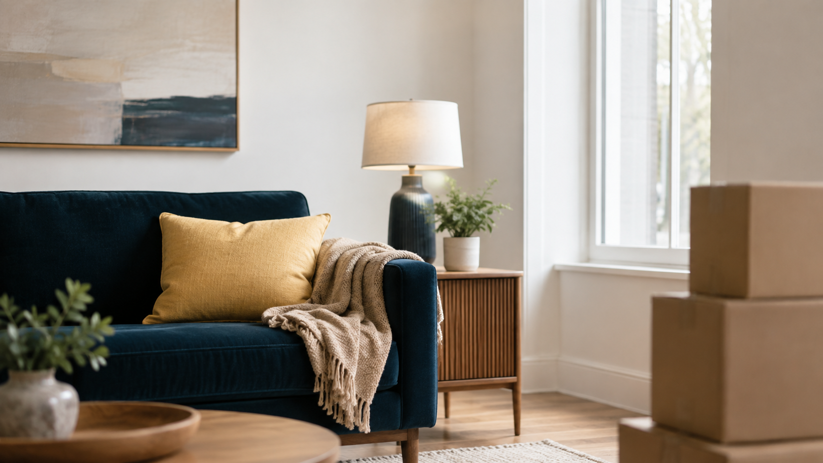 Cozy Teal Sofa and Moving Boxes Cozy Teal Sofa and Moving Boxes