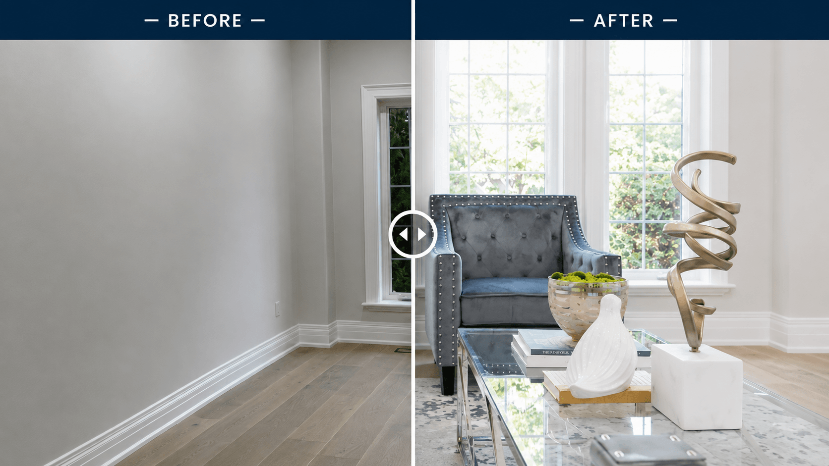Before and after comparison of a home staging transformation, showing a bare room transformed into a bright, elegantly furnished living space.